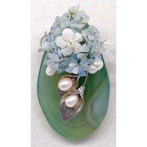 Green Glass Stone Pendant Brooch Pin Silver Tone Faux Pearls Flower Blue YZ